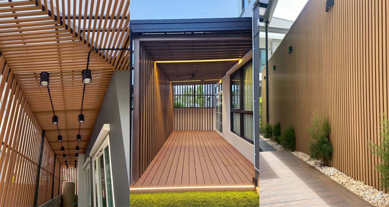 การใช้งานไม้เทียมในแต่ละพื้นที่ ภายนอก ภายใน ผนัง รั้ว พื้นระเบียง